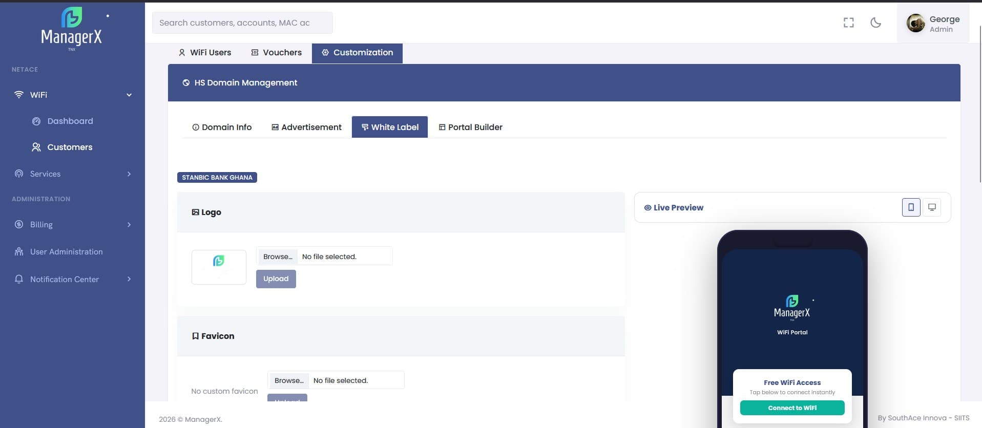 NetAce white label configuration with live preview